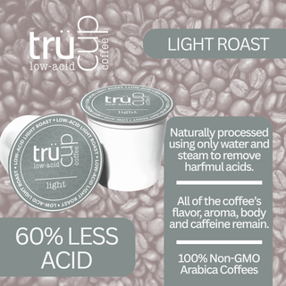 trücup low-acid coffee Light Roast with 60% less acid and 100% Non-GMO Arabica coffees.