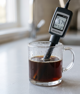 cup of coffee with a ph and temperature meter reading 5.74 ph level and 71.2 F temperature. 