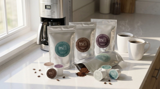 Sample bags of truccup medium roast, bold roast and French roast on a kitchen counter with coffee cups